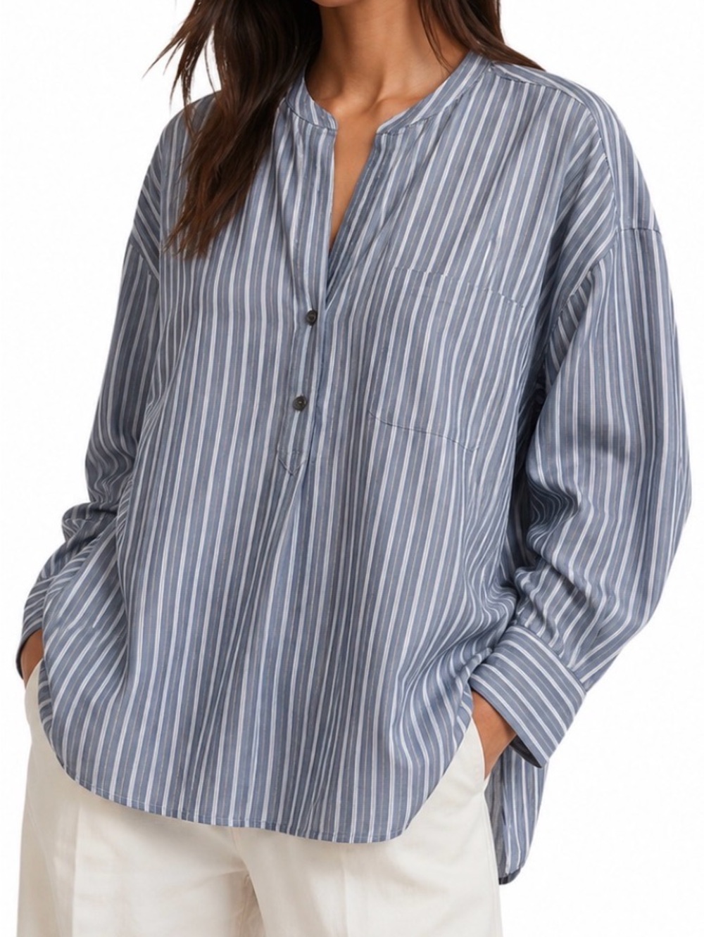 VINCE Blue Stripe 100% Cotton Oversized Popover Shirt Lightweight Relaxed Tunic